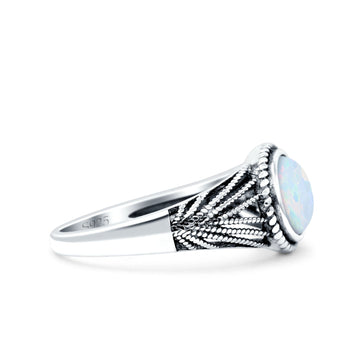 Vintage Style Petite Dainty Lab Opal Ring Solid Oval Oxidized Lab Created White Opal 925 Sterling Silver